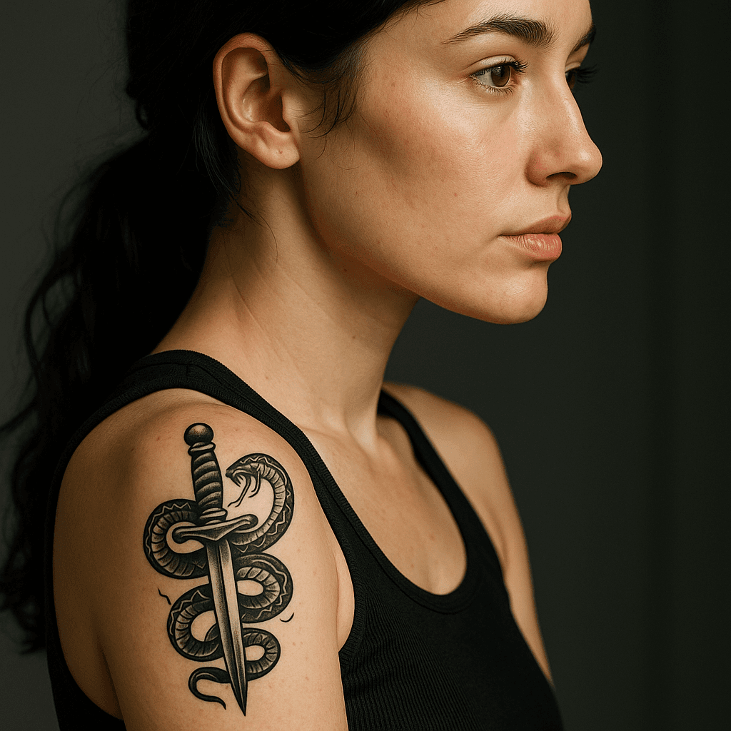 Tattoo of a snake wrapped around a dagger on woman&rsquo;s shoulder