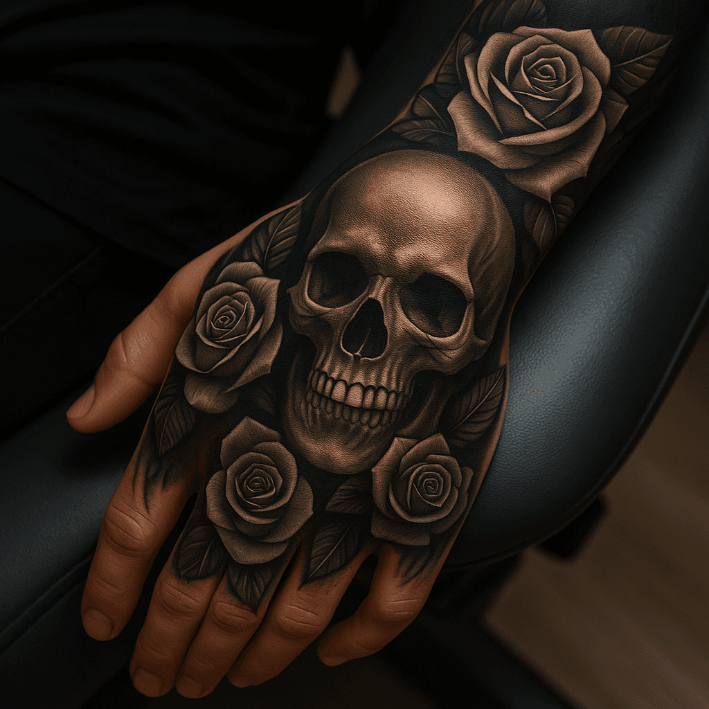 Realistic skull and roses tattoo on man&rsquo;s hand