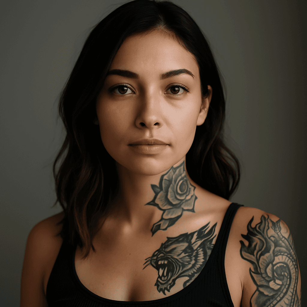 Black ink floral and ornamental tattoo on woman&rsquo;s shoulder and neck