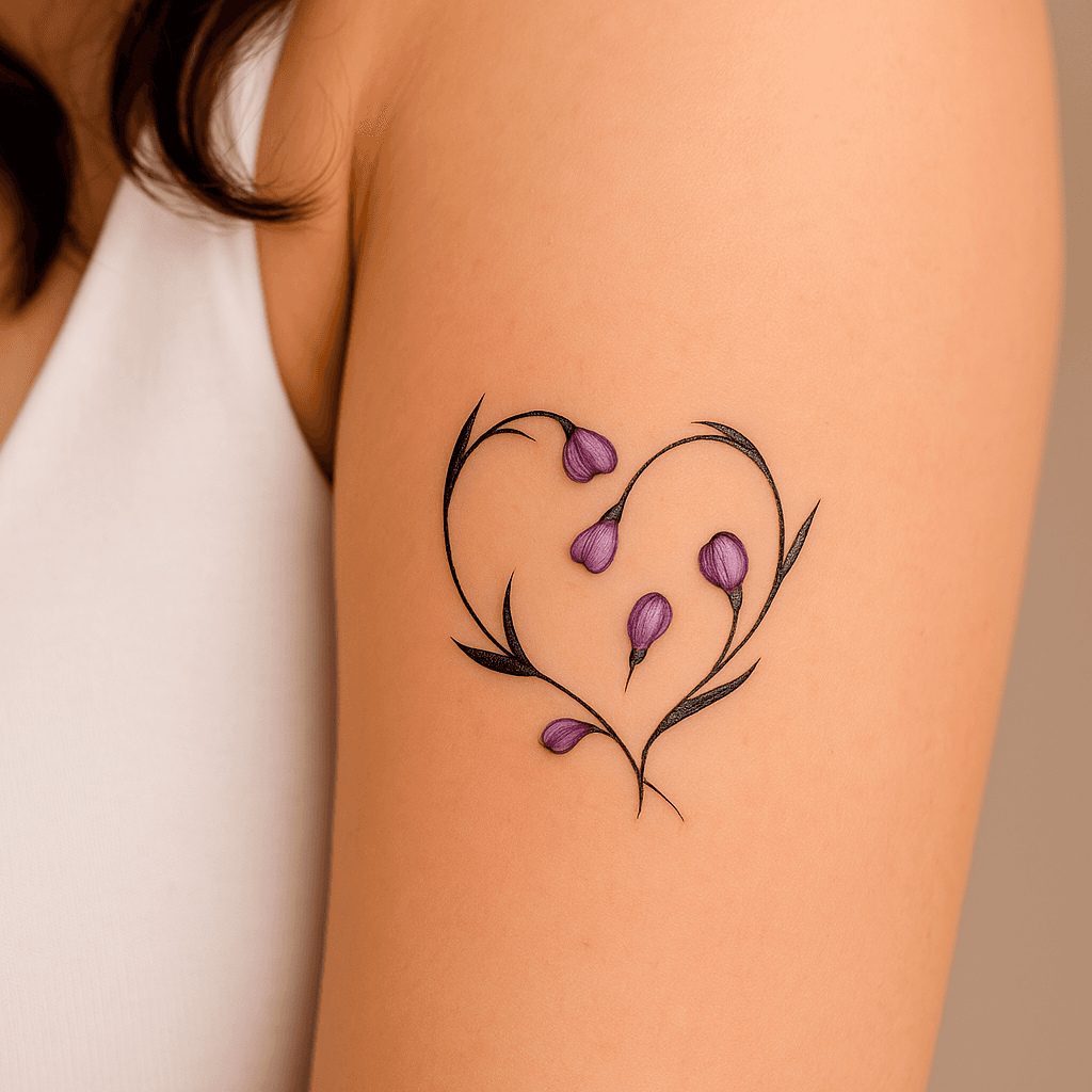 Minimal heart-shaped floral tattoo on woman&rsquo;s upper arm