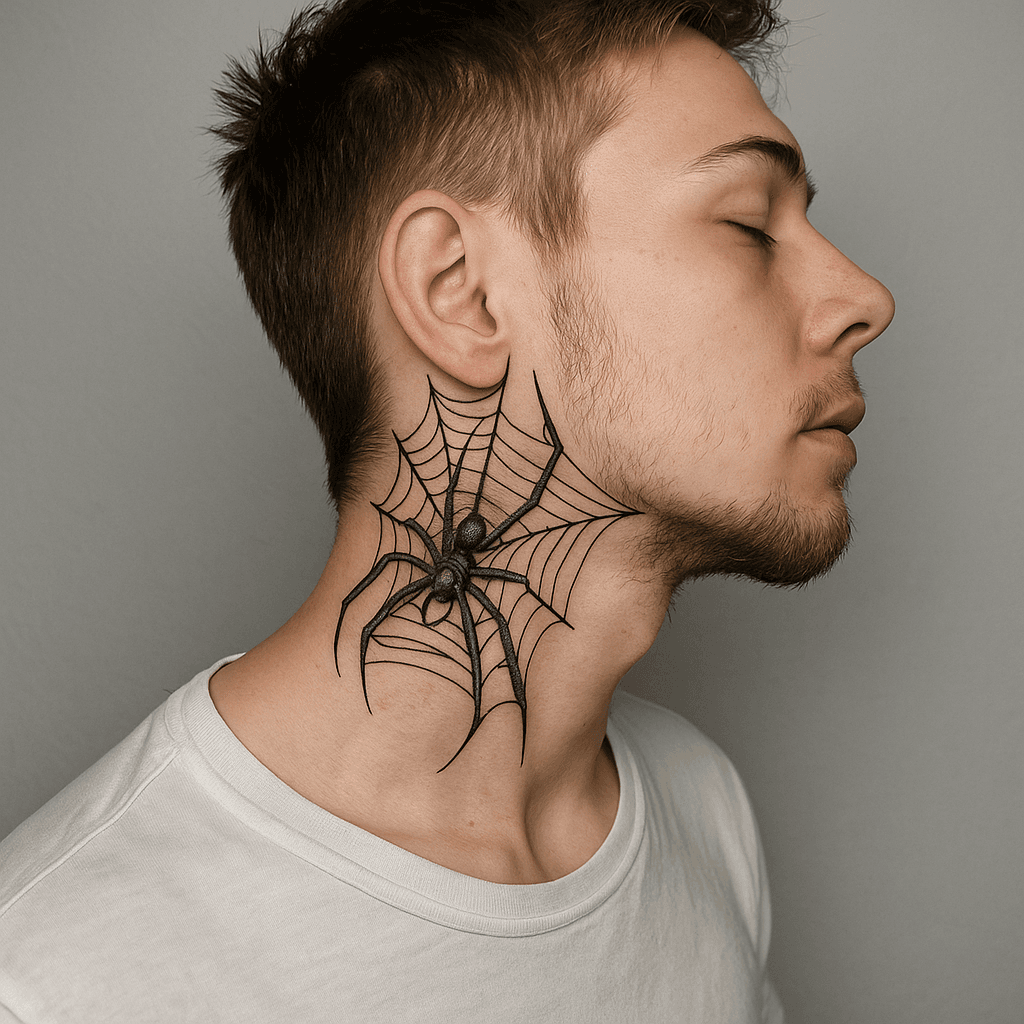 Spider web tattoo on young man&rsquo;s neck