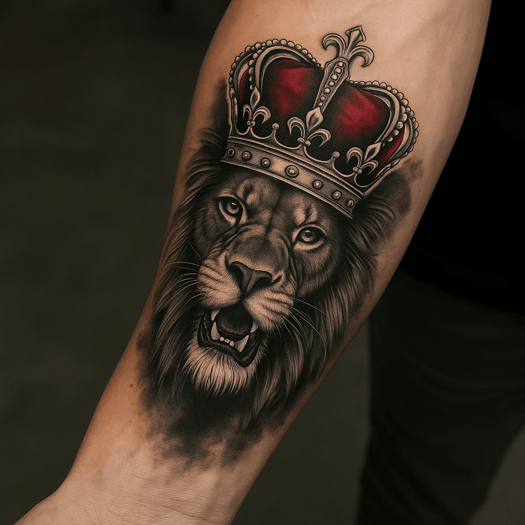 Lion head with red crown tattoo on man&rsquo;s forearm