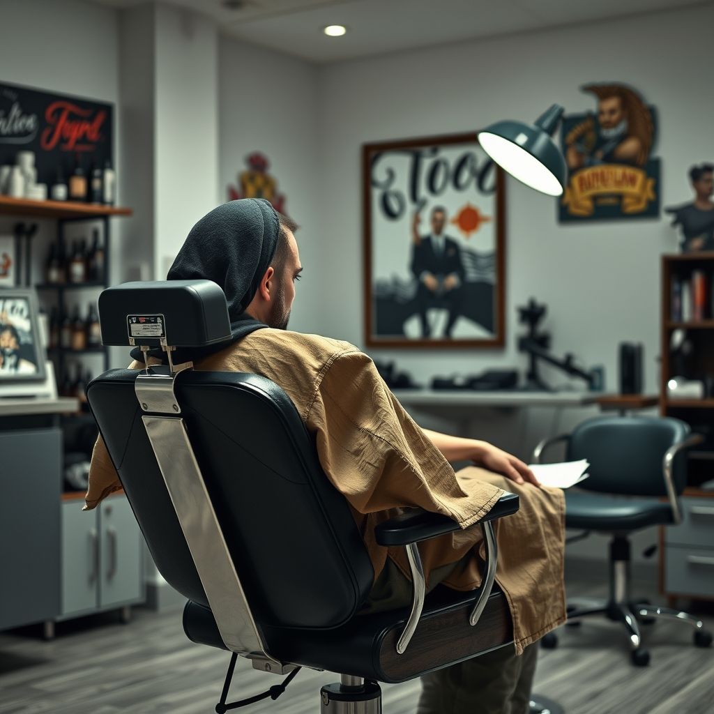 Person sitting in a tattoo studio chair getting a tattoo — realistic scene
